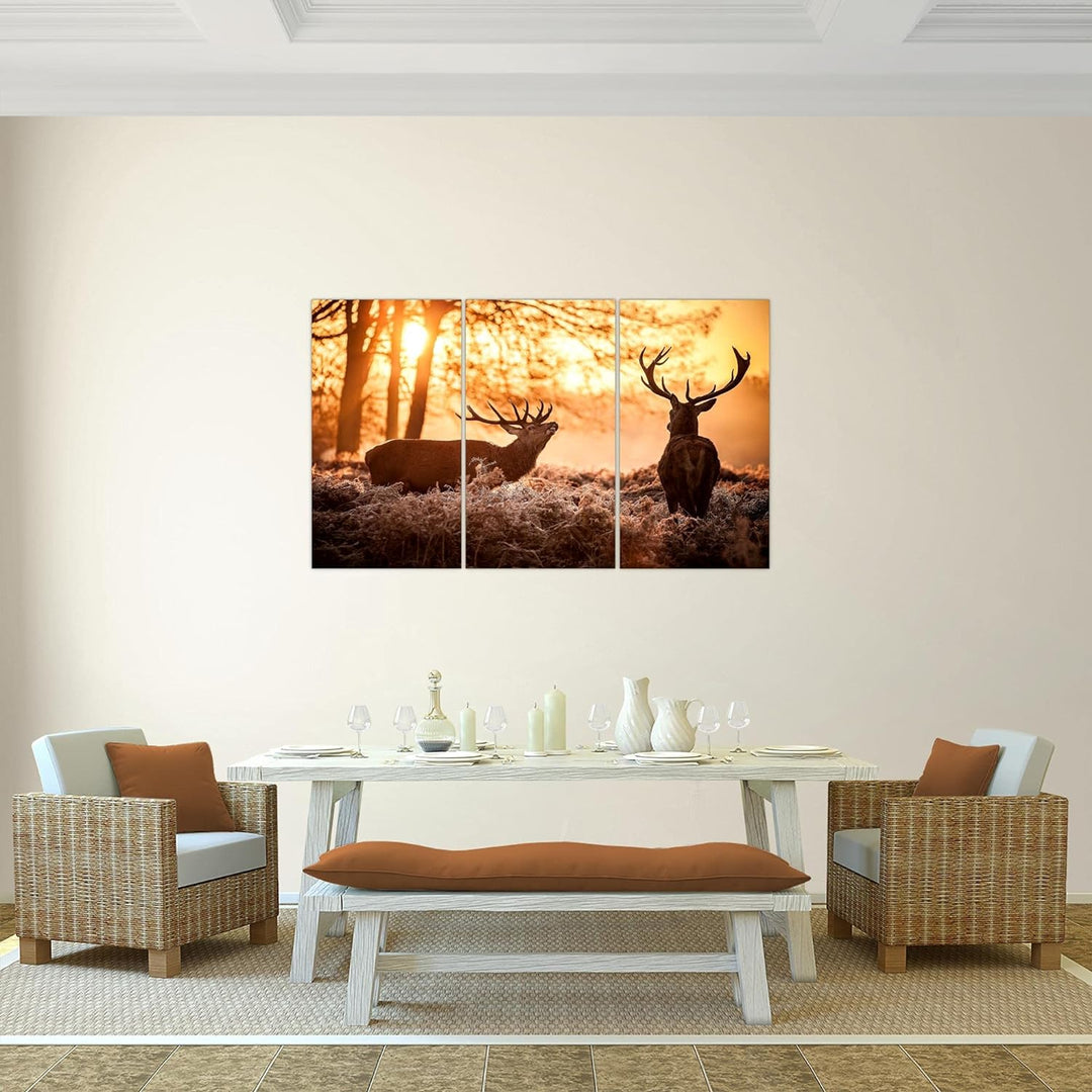 Runa Art Wandbilder Winter Hirsch Bild XXL Wohnzimmer Schlafzimmer Orange Wald Natur 120 x 80 cm 3 T