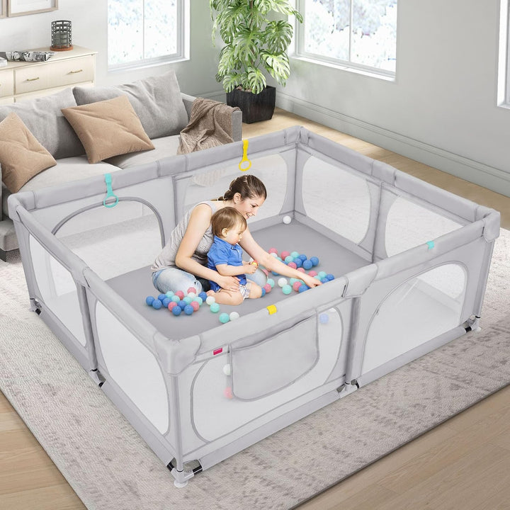 DREAMADE Laufstall Baby, 189 x 158 cm Laufgitter mit 4 Zugringen & 50 Ocean Bällen & Tragetasche, Gr
