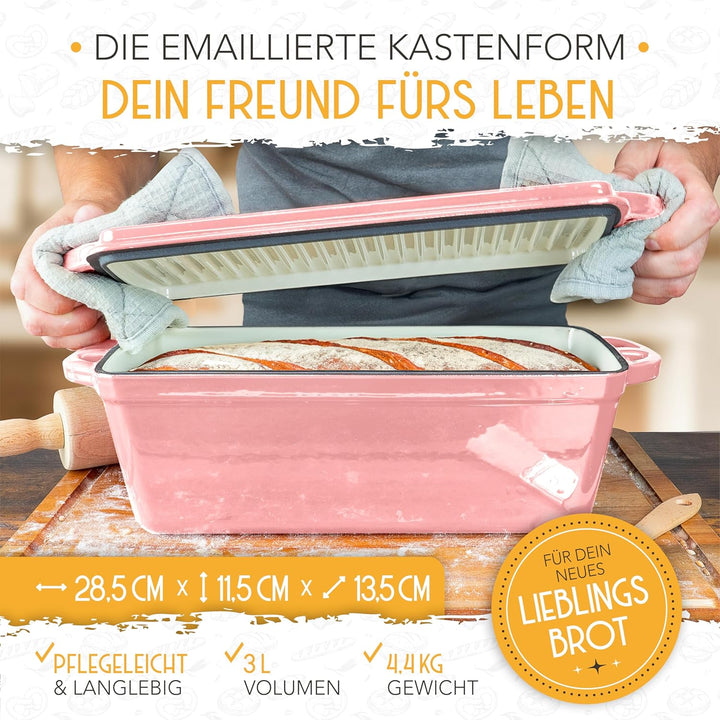 KRUSTENZAUBER Emaille Brotbackfrom mit Deckel inkl. Gärkorb - Robuste 28cm Backform aus Gusseisen -