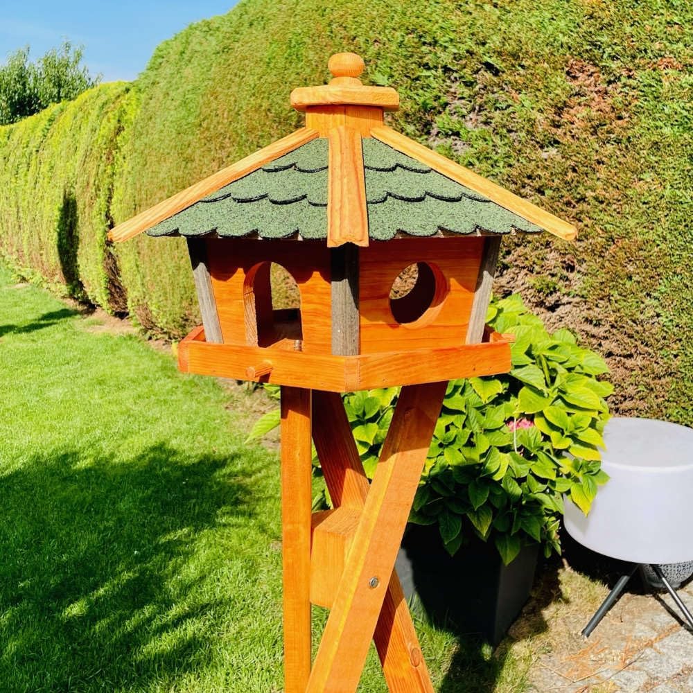 Vogel Futter Haus L oder XL Sechseck Holz Vogelhaus Futterstelle Braun/Blau, Rot, Schwarz und Grün (