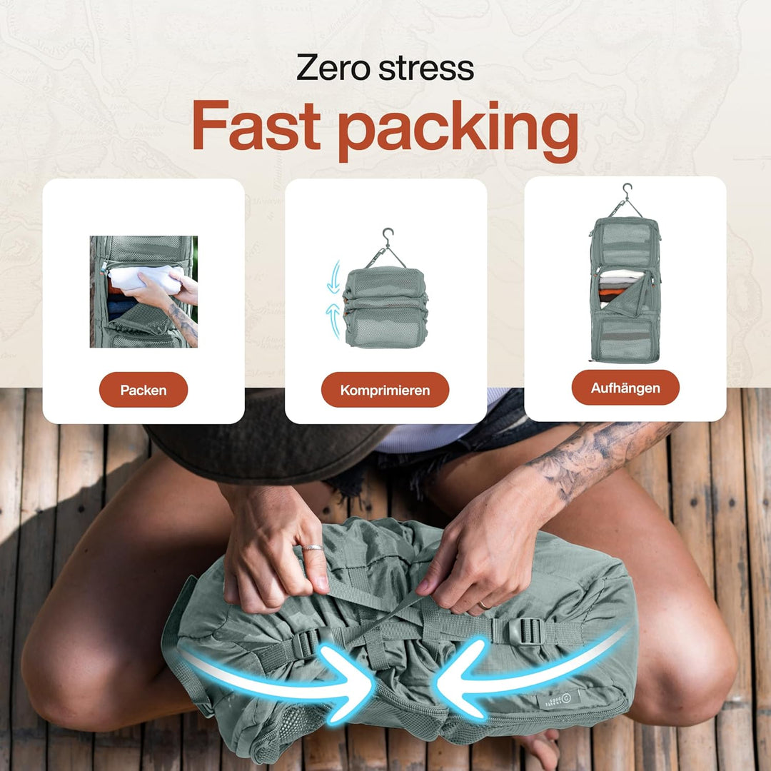 TRAVEL DUDE Hängeorganizer mit Kompression aus recycelten Plastikflaschen | Tragbare Reiseregale für