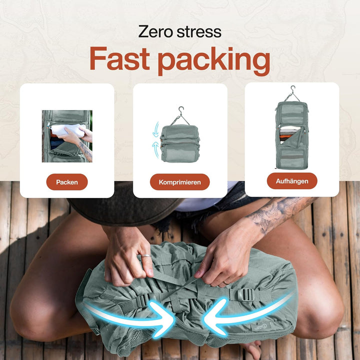 TRAVEL DUDE Hängeorganizer mit Kompression aus recycelten Plastikflaschen | Tragbare Reiseregale für