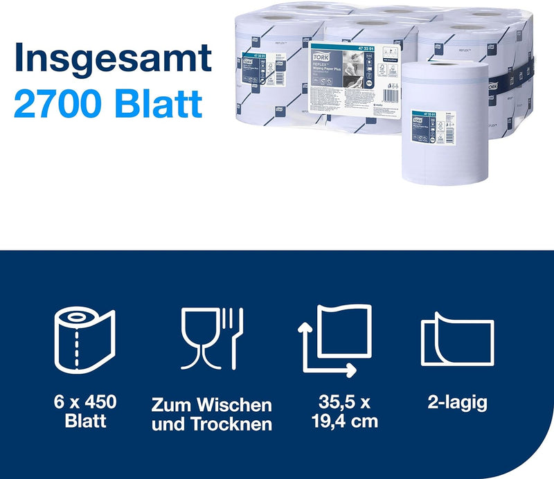 Tork Reflex Starke Mehrzweck-Papierwischtücher Blau M4, SmartCore, 6 × 450 Blatt, 473391 Für M4 Inne