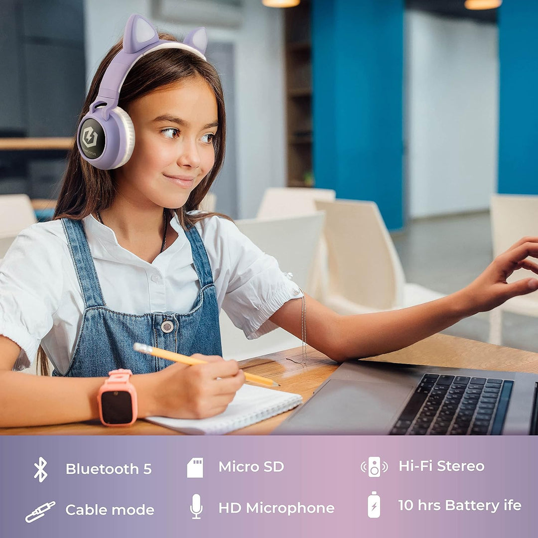 PowerLocus Bluetooth Kopfhörer Kinder, LED Katzenohren, 85dB Sichere Lautstärke, Bluetooth 5.3, Micr