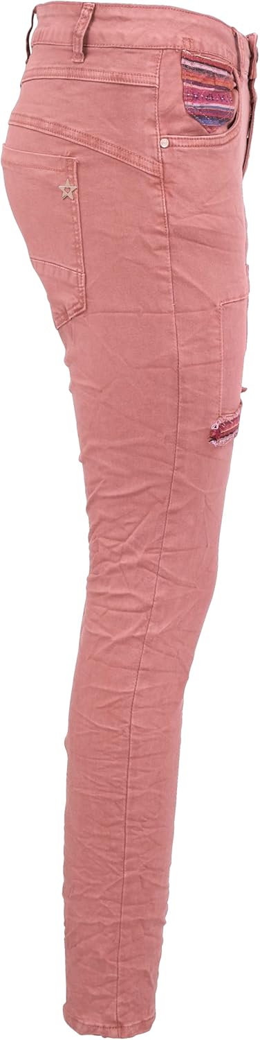 Jewelly Damen Stretch Boyfriend Jeans - Patches Aufnäher - Five-Pocket im Crash-Look, Beere