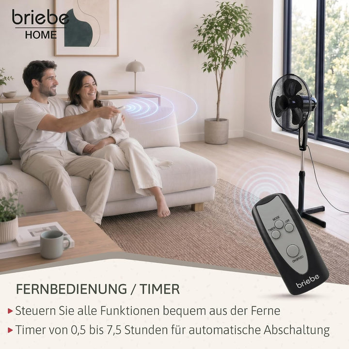 briebe Standventilator mit Fernbedienung, 40 cm, Leise, Timer, Oszillierend, 3 Betriebsmodi, 3 Gesch
