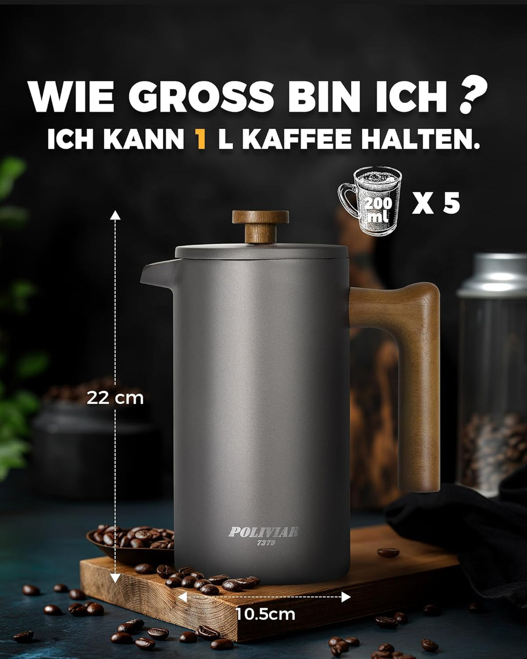 Poliviar French Press Kaffeebereiter 1 Liter/8 Tassen, Doppelwandige Isolierte Kaffeekanne und Teebe