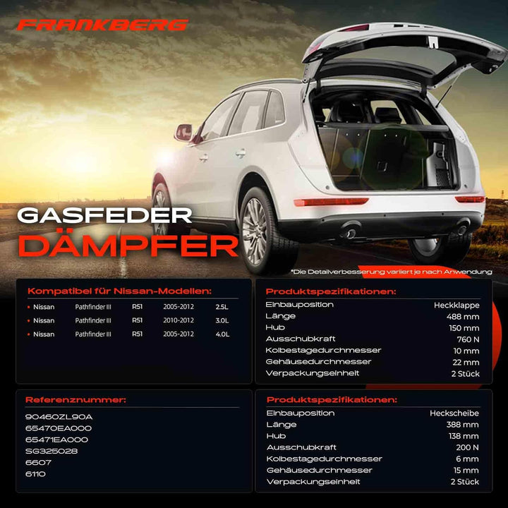Frankberg 4x Gasfeder Dämpfer Heckklappe Heckscheibe Kompatibel mit Pathfinder III R51 Alle Motoren
