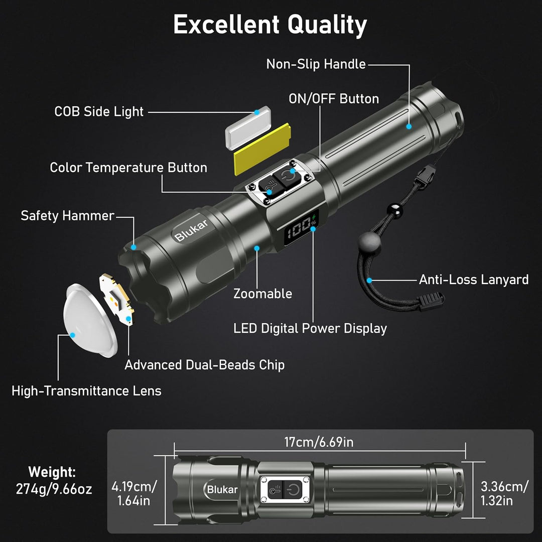 Blukar Taschenlampe LED 2 Farbtemperatur mit Hauptlicht & Seitlich COB-Licht, Aufladbar Extrem Hell