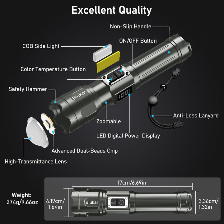 Blukar Taschenlampe LED 2 Farbtemperatur mit Hauptlicht & Seitlich COB-Licht, Aufladbar Extrem Hell