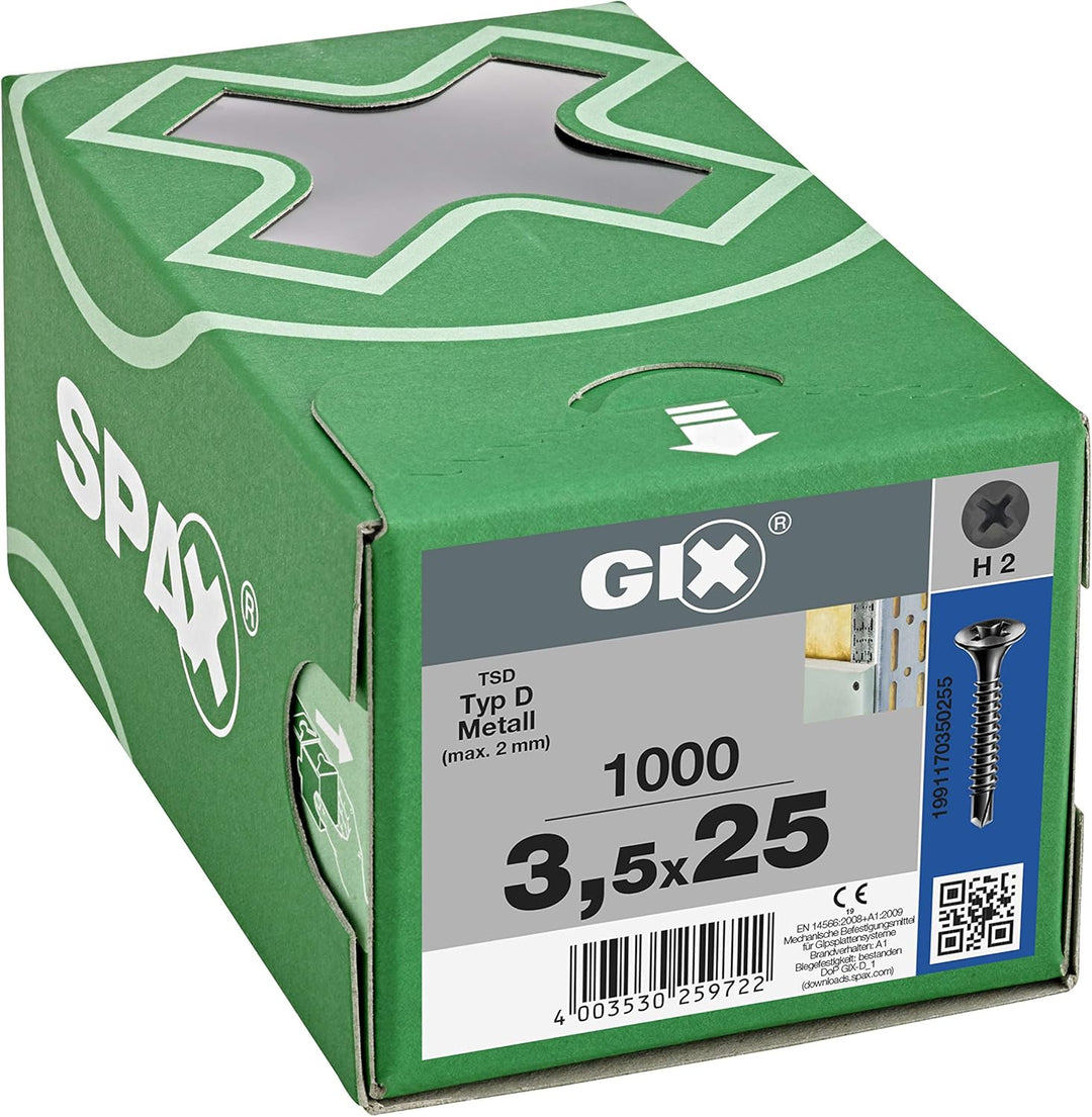 SPAX GIX-D Schnellbauschrauben 3,5 x 25 mm, Vollgewinde, 1000 Stück, Bohrspitze, Kreuzschlitz-H2, Tr