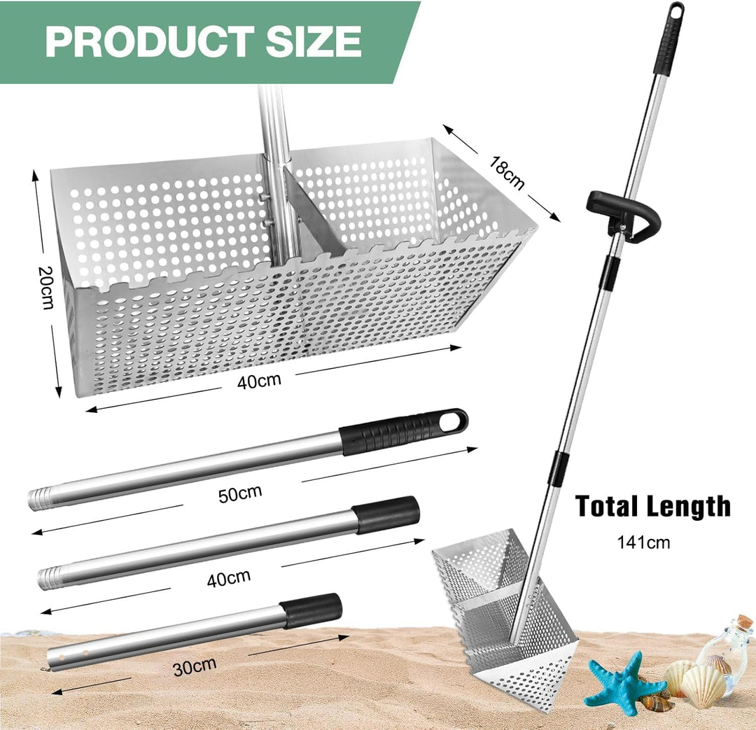 Sandflohharke, Sandsieb gross aus Edelstahl, Abnehmbarer 140 cm Langer Stiel Sand-Sieb mit rutschfes