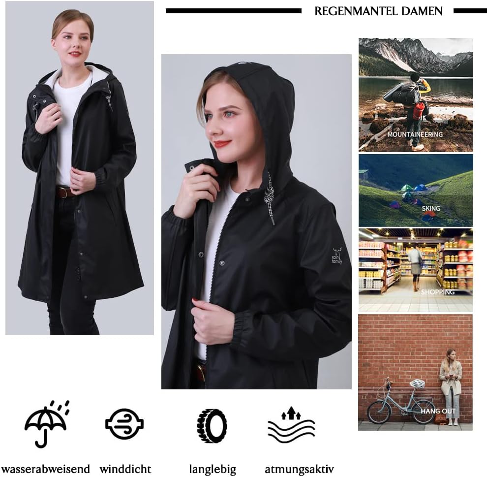 Damen Regenjacke Regenmantel Softshelljacke Friesennerz Parka PU Windbreaker mit Kapuze wasserdicht