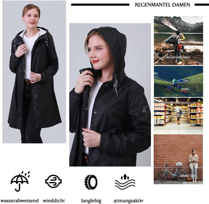 Damen Regenjacke Regenmantel Softshelljacke Friesennerz Parka PU Windbreaker mit Kapuze wasserdicht