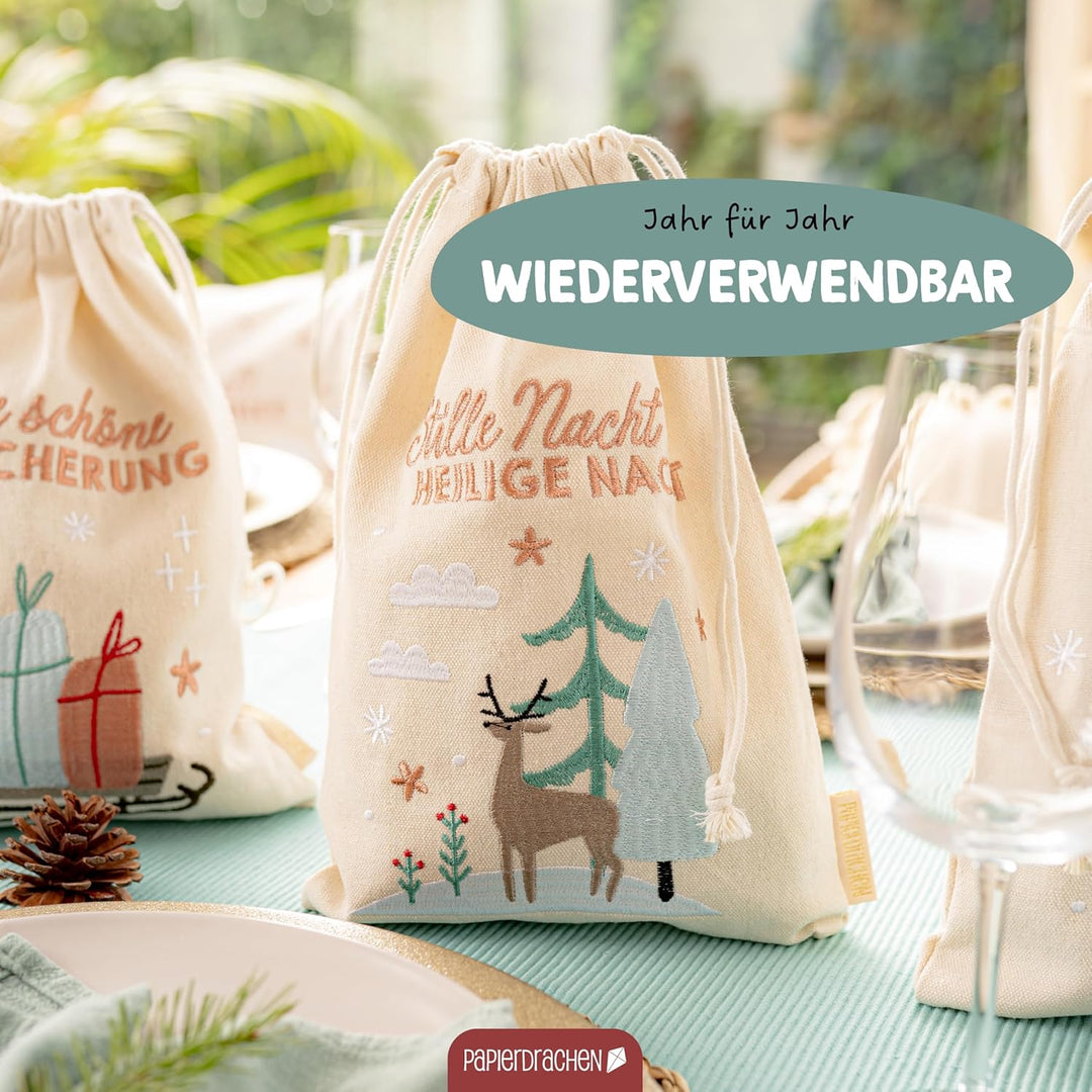 Papierdrachen 3 Geschenksäckchen in beige mit Bestickung in pastell - zum Befüllen und Verschenken -
