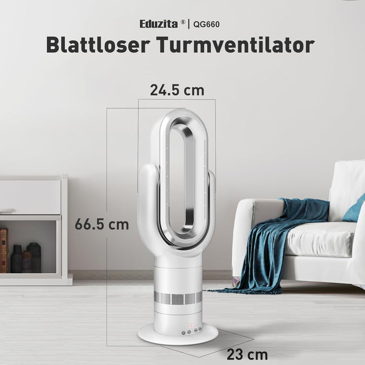 QG660 Bladeless Turmventilator, 2-in-1 Heizgerät & Kühlventilator, 10 Kühl- & 3 Heizstufen, Fernbedi
