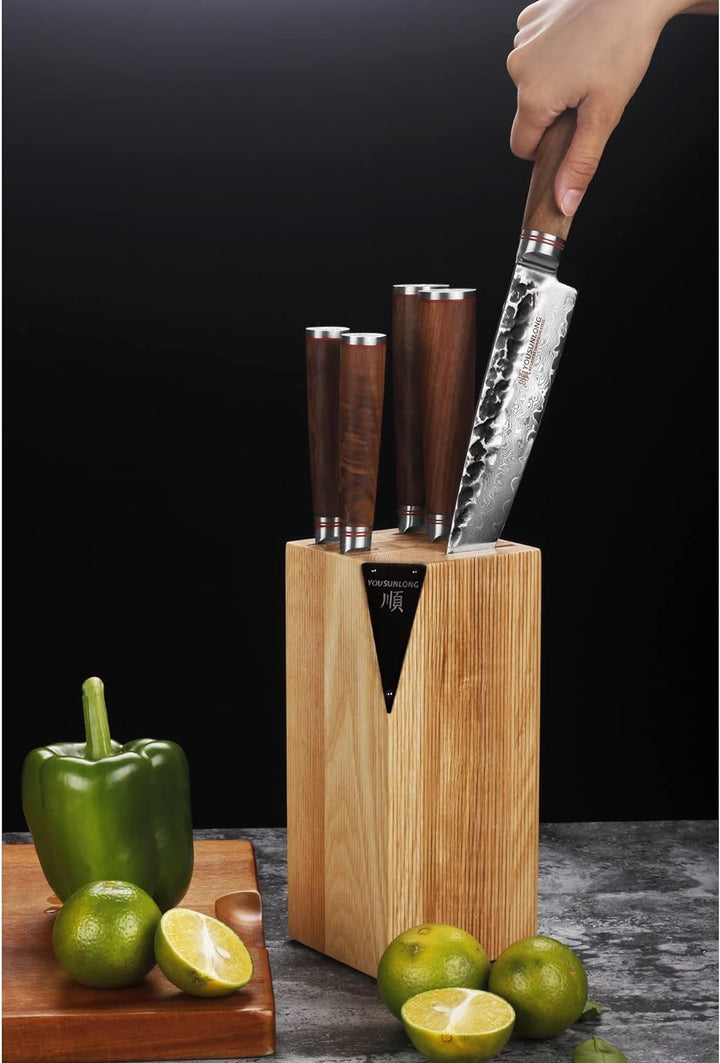 YOUSUNLONG Küchenmesser-Set - 5-teilig - mit amerikanischem Fraxinus-Holzhalter - japanische VG10-Da