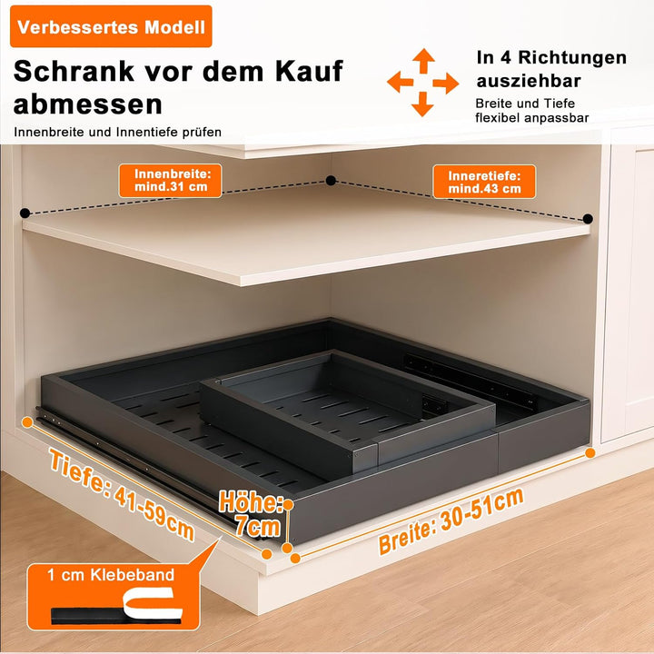 PNNP Teleskopschublade Küche Ausziehbare Schublade: Einstellbare Breite Schrank Organizer (32–53 cm