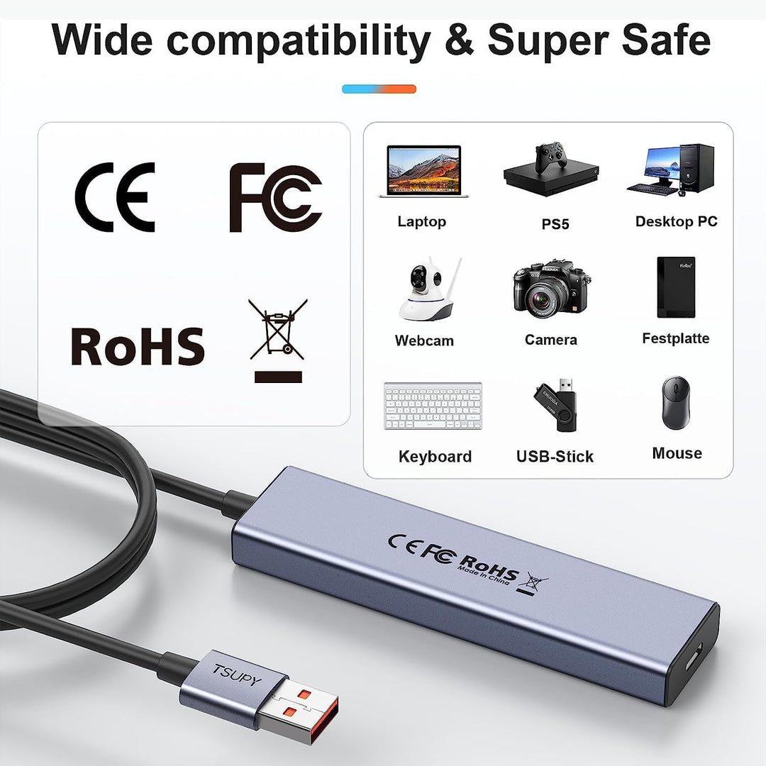USB Hub 3.2 Gen 2, TSUPY USB Hub 10Gbps, Aluminium USB Verteiler mit 120cm Kabel kompatibel für Lapt