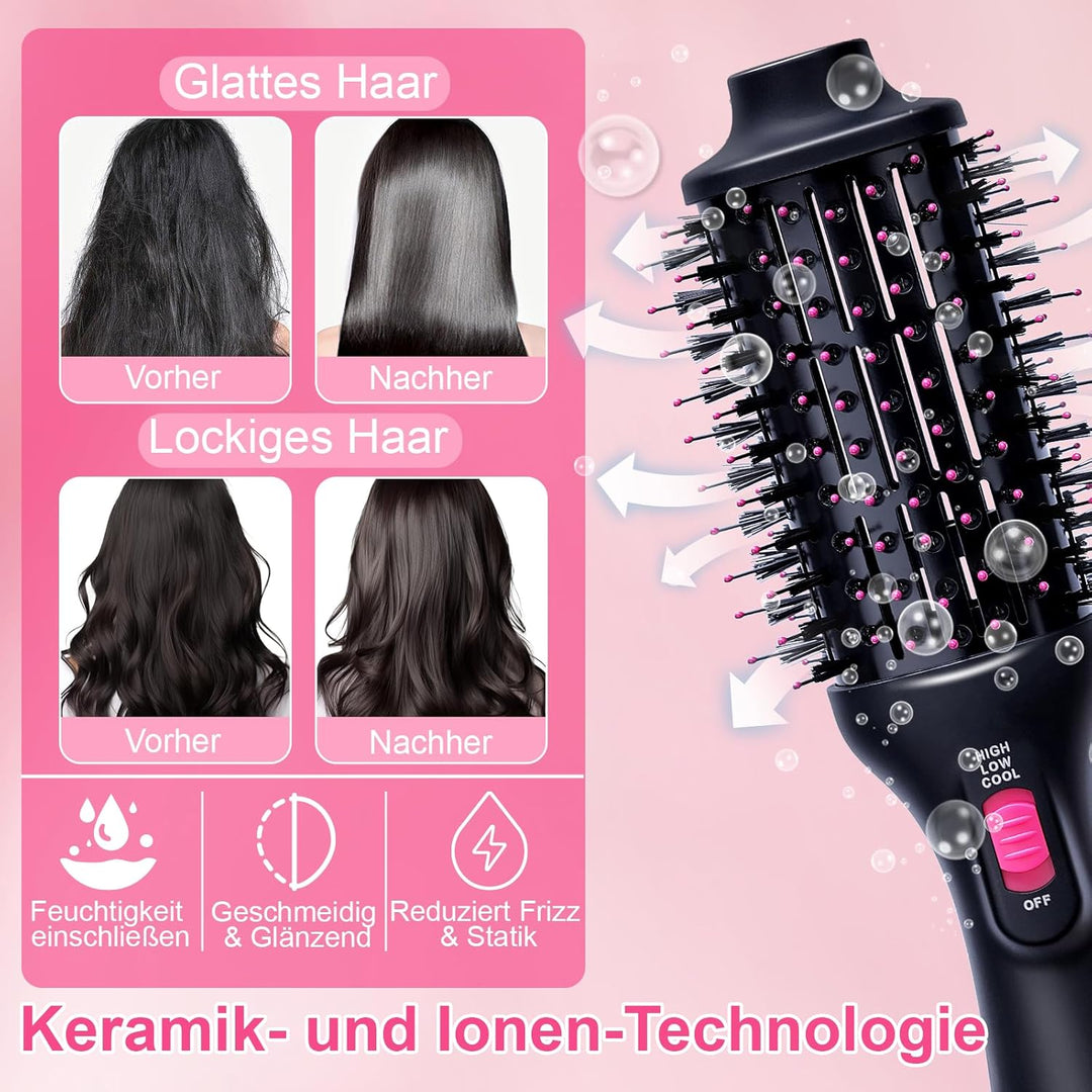 Warmluftbürste Rundbürstenföhn, One-Step Föhnbürste zum Haartrockner 4 In 1 Heissluftbürste mit 3 ei