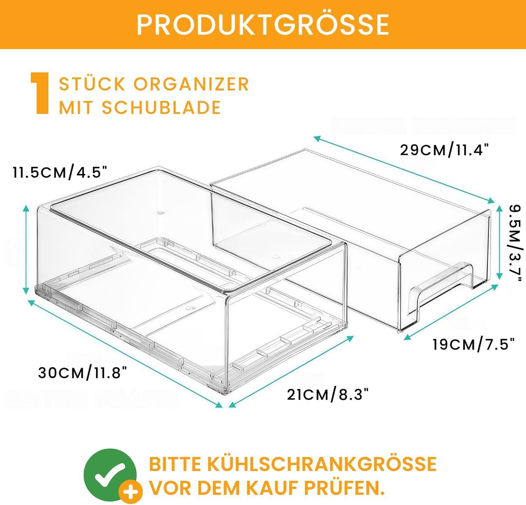 Kühlschrank Organizer Schublade 1 Stück Gross - Klare Stapelbare Aufbewahrung für Küche, Kühlschrank