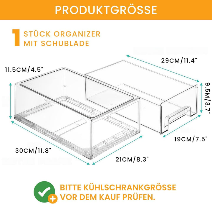 Kühlschrank Organizer Schublade 1 Stück Gross - Klare Stapelbare Aufbewahrung für Küche, Kühlschrank