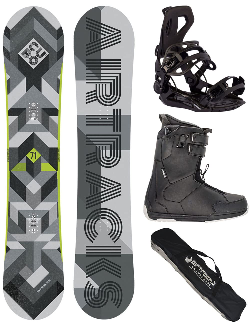 AIRTRACKS Snowboard Set Board Cubo Extra Wide Camber + Snowboard Bindung Master + Snowboardboots + S