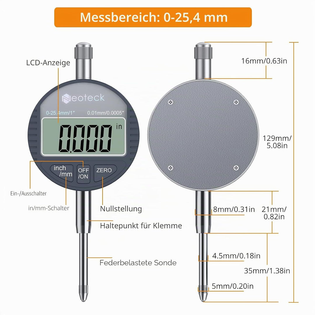 Neoteck Digitale Messuhr 0.01/0.0005'' Digital Messuhr Messtaster 0-25.4mm/1'' Digital Dial Indicato