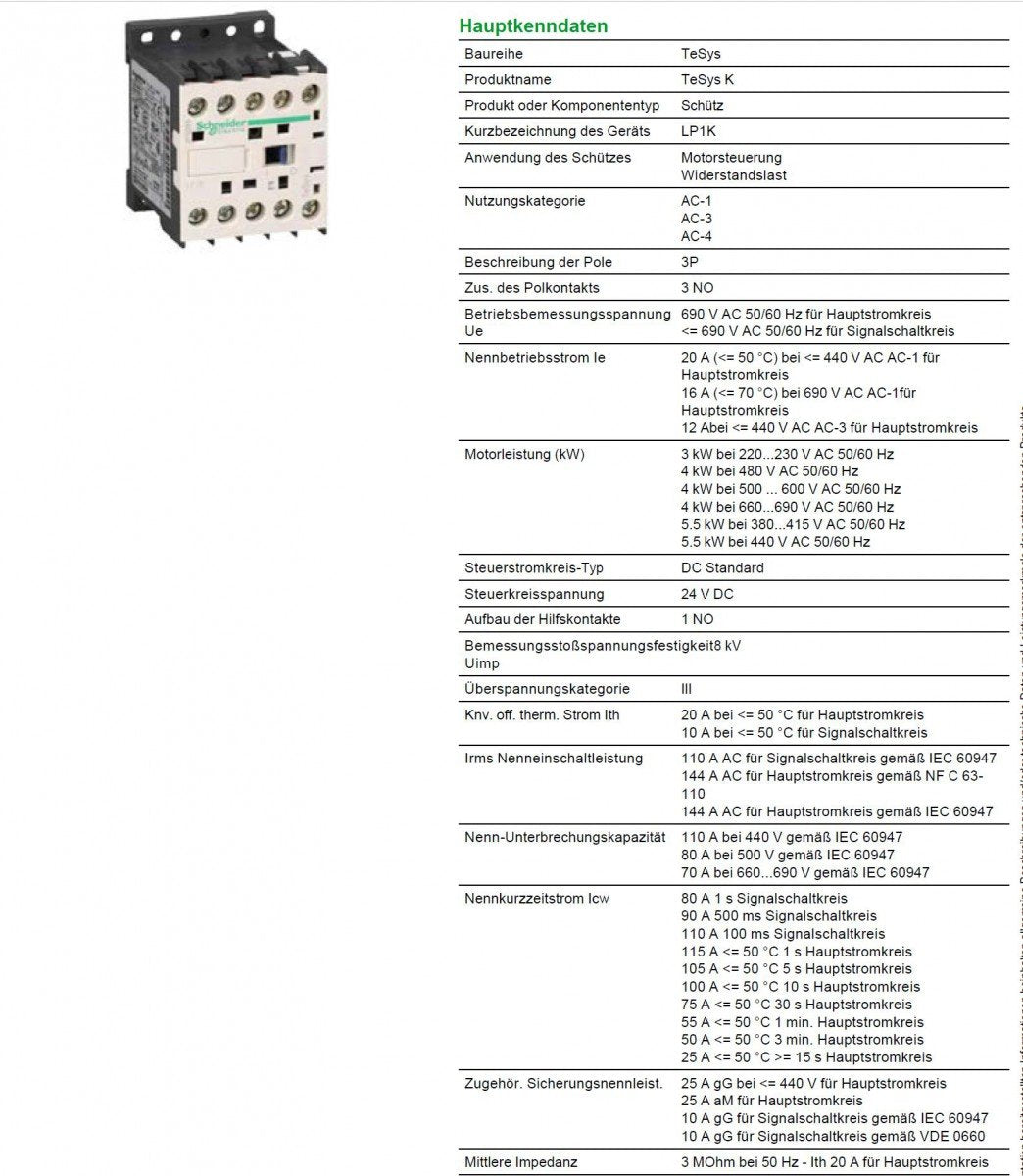 Schneider Electric LP1K1210BD Leistungsschütz, 3p, 5,5kW/400V/AC3, 12A, 24V DC, 24 V 3NO + 1NO AUX 1