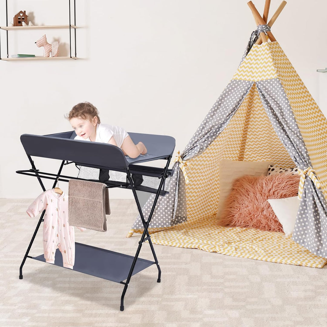 Baby Klappbarer Wickeltisch, Firma Wickelkommode mit Sicherheitsgurt &amp; Ablagefläche &amp; Zaun, Leicht z