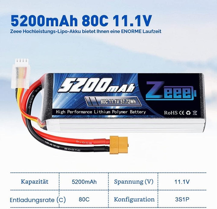 Zeee 3S LiPo Akku 5200mAh 11,1V 80C mit XT60 Steck für RC Auto, RC Flugzeug, RC Hubschrauber, RC Hob