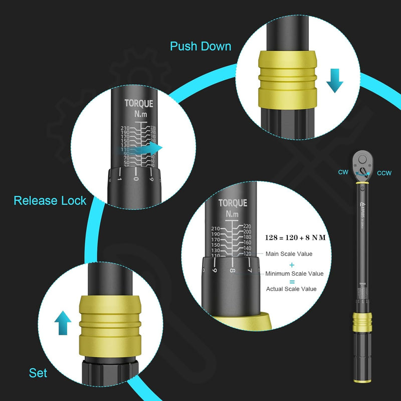 ANPUDS Drehmomentschlüssel 1/2 Zoll, 20-220 Nm, ±3% Fehlergenauigkeit, 72 Zähne Reifenschlüssel Tool