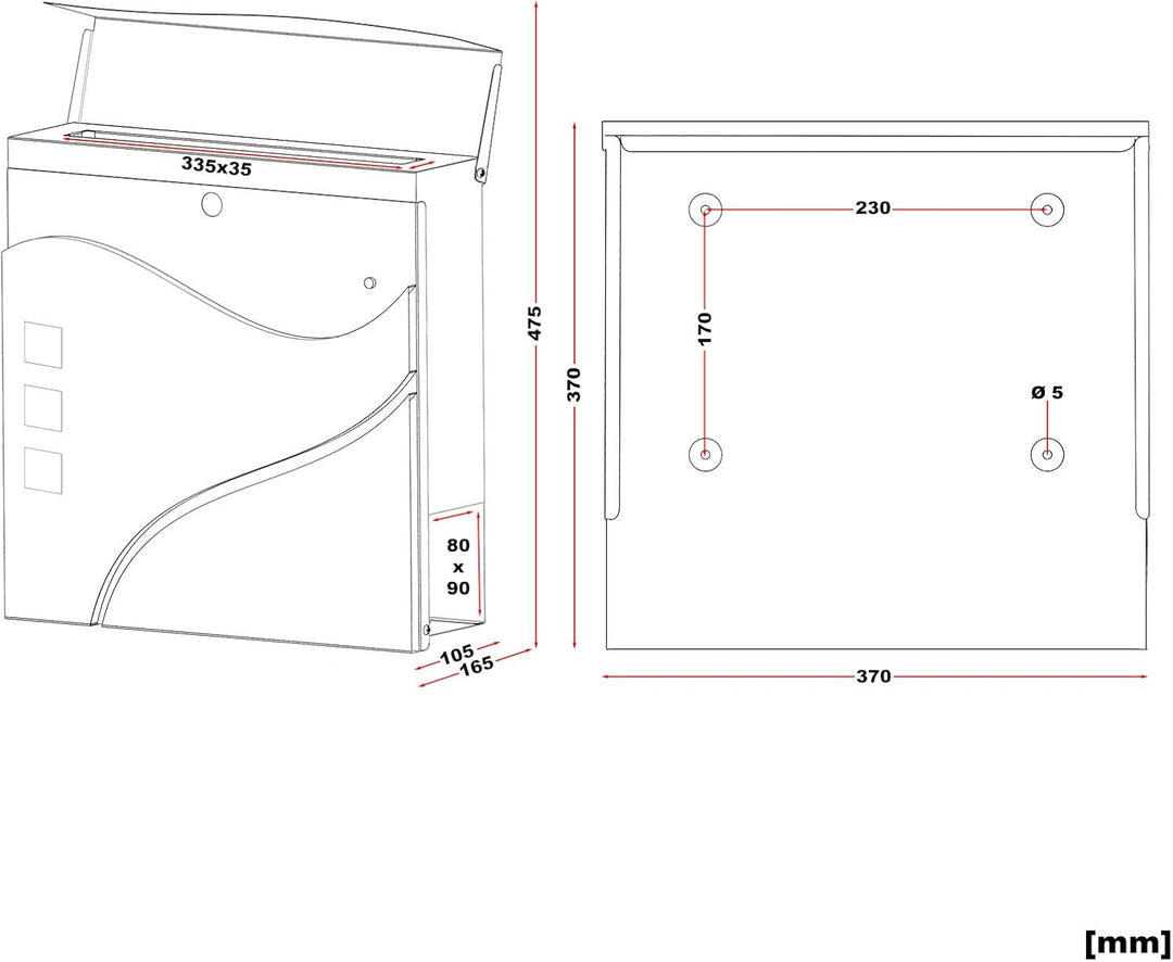 Wiltec Designer Briefkasten V28 weiss 370 x 105 x 370 mm, Wandbriefkasten mit Schloss, Sichtfenstern