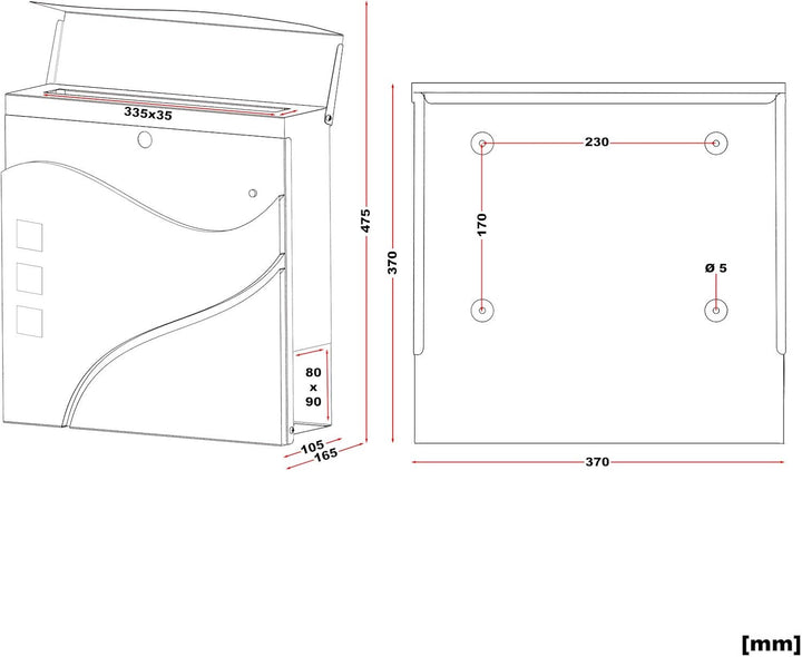 Wiltec Designer Briefkasten V28 weiss 370 x 105 x 370 mm, Wandbriefkasten mit Schloss, Sichtfenstern