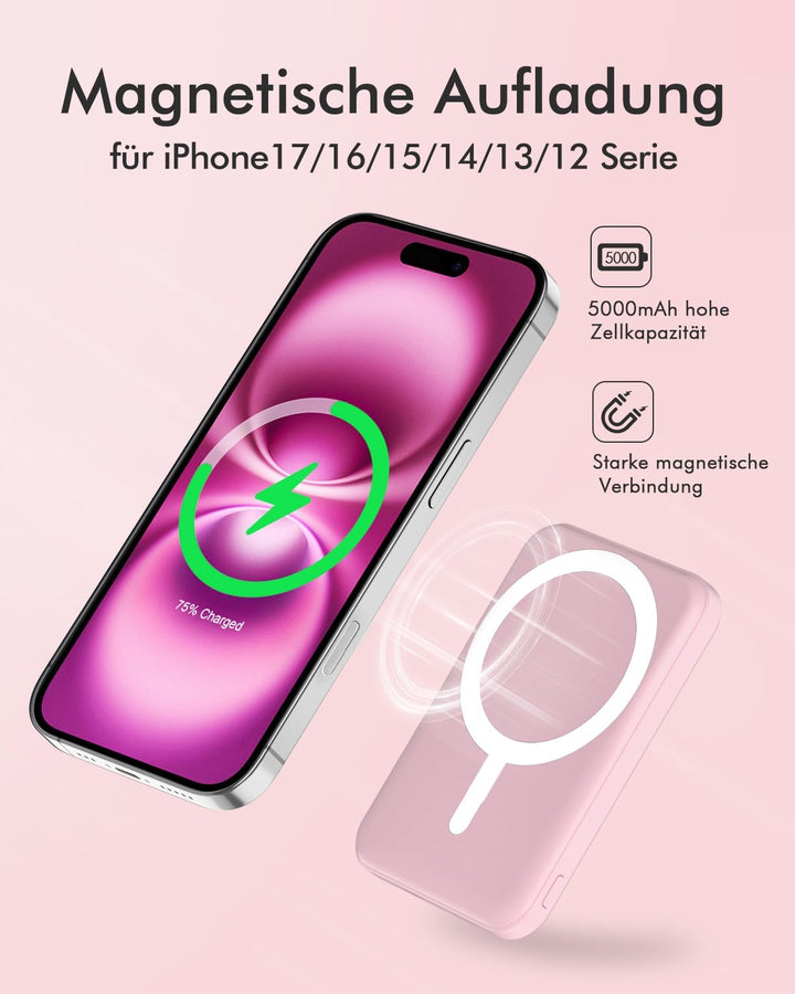 Podoru for Magsafe Powerbank iPhone 5000mAh,Powerbank mag-Safe mit Typ-C Kabel,Powerbank Magnetisch