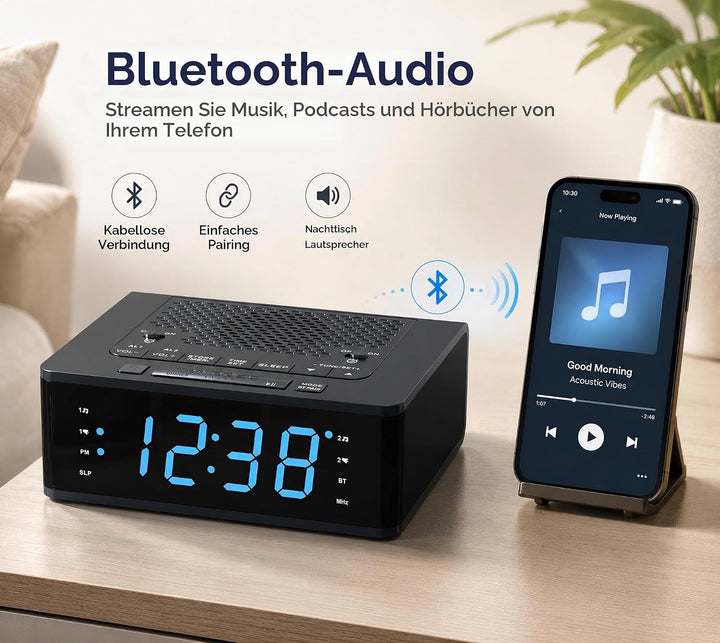 iTOMA Wecker für Schlafzimmer mit FM Radio, Bluetooth, Dimmbare LED Anzeige, Schlaf Timer, Einstellb