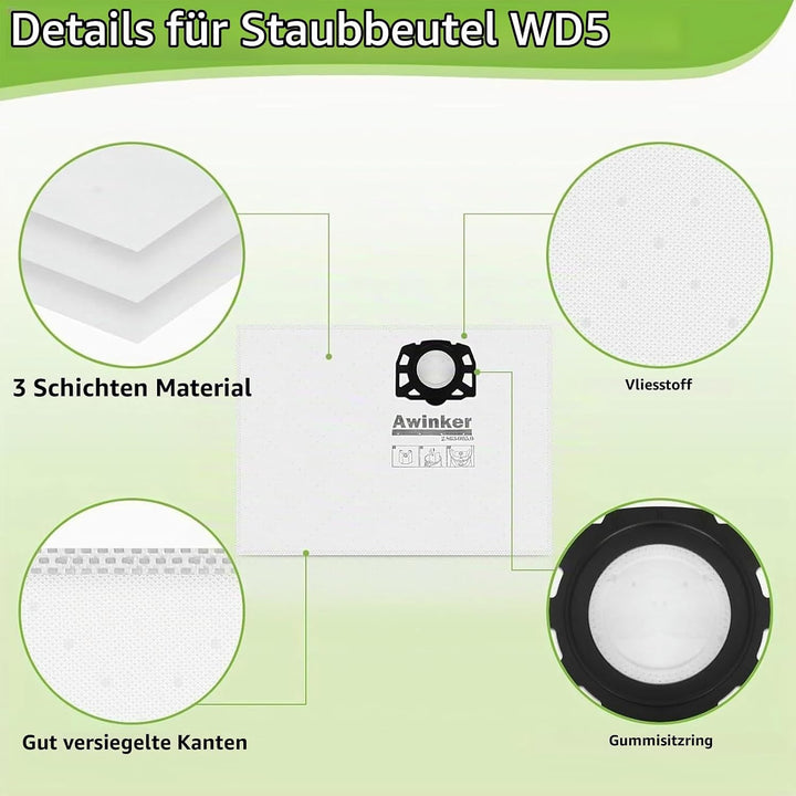 10 Stück Staubsaugerbeutel für Kärcher 2.863-006.0 Vliesfilterbeutel 487 Ersatzbeutel WD4 WD5 WD6 WD