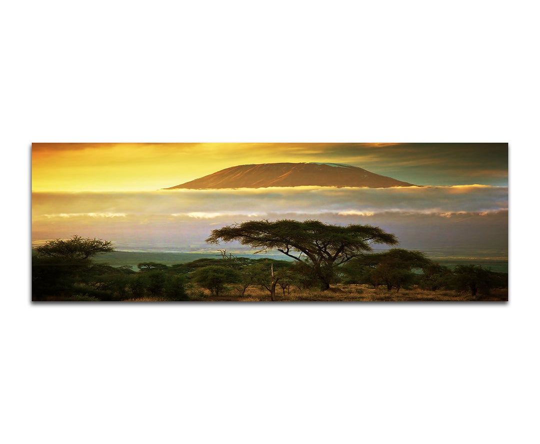Paul Sinus Art Panoramabild auf Leinwand und Keilrahmen 150x50cm Afrika Kilimandscharo Sonnenunterga