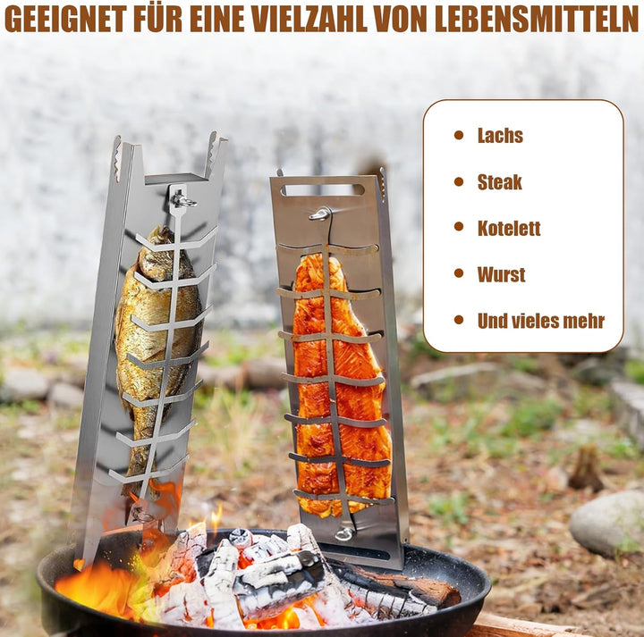 Flammlachsbrett Edelstahl, Flammlachsbrett für Feuerschale, mit Fünf Verstellwinkel für die Neigung