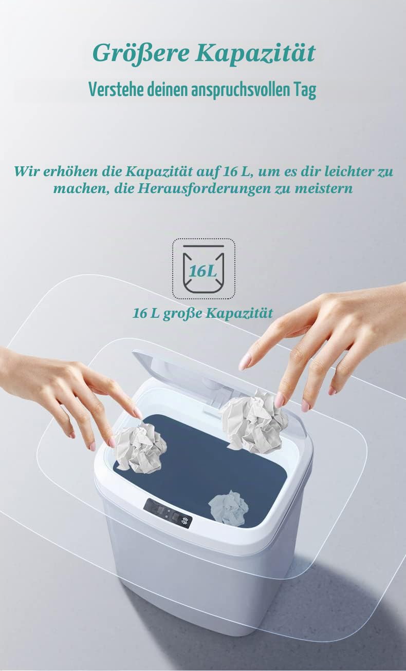 S.I.C Mülleimer mit Sensor,Automatischer Mülleimer,16L,mit Smart Öffnungs-Sensor und Geräuschloser V