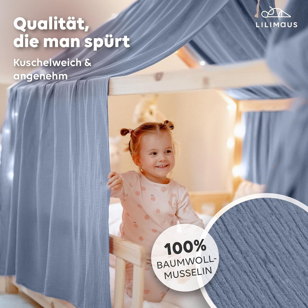 Hausbett Himmel [in 12 Farben] Betthimmel Hausbett aus 100% Baumwolle Musselin - Stoffhimmel für Hau