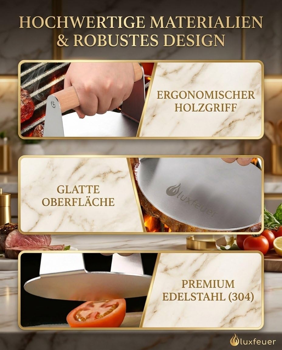 Smash Burgerpresse Edelstahl Ø14cm – mit Holzgriff & 20x Antihaftpapier – Smash Burger Smasher für G