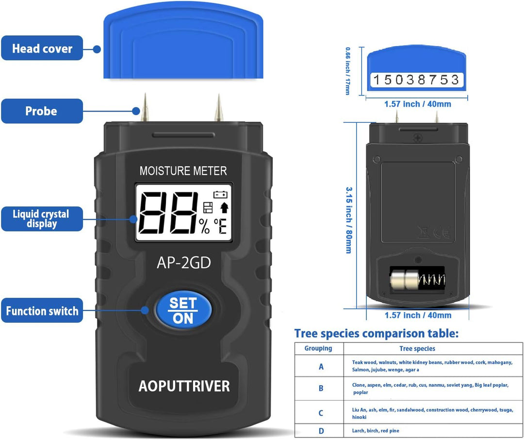 Digitaler Feuchtigkeitsmessgerät, Pin-Typ Vochtmeters Vochtindicator Feuchteindikator Holzfeuchtemes