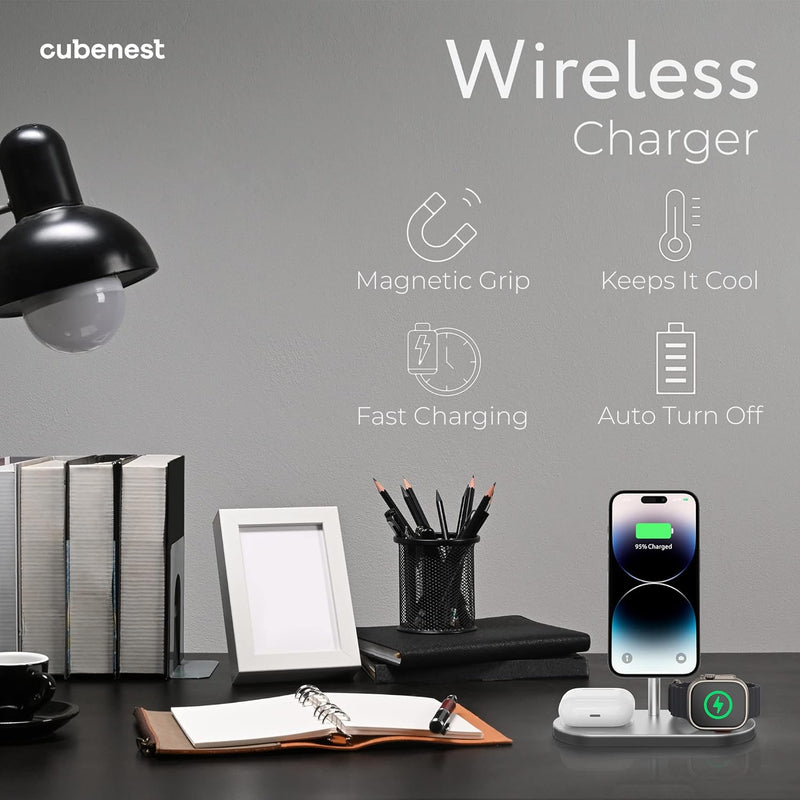 CubeNest kabelloses Ladegerät 3-in-1 kompatibel mit iPhone 12/13/14-Serie, AirPods, Apple Watch und