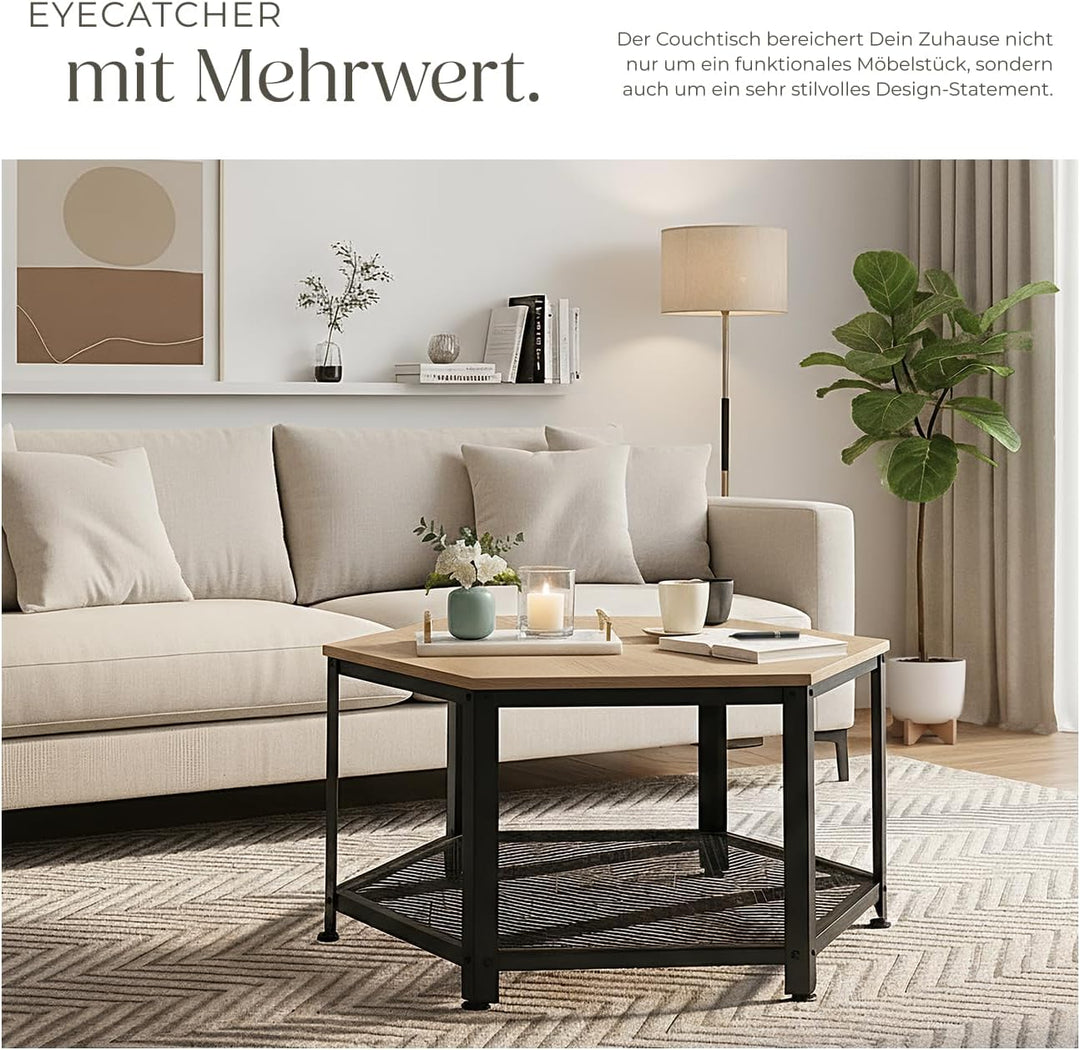 tectake® ausgefallener Couchtisch Holz und Metall, Wohnzimmertisch mit Stauraum, Beistelltisch Couch