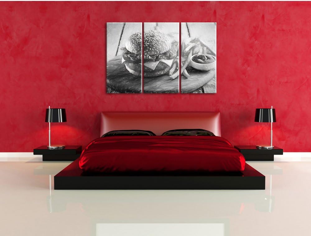 Pixxprint Chickenburger Pommes als Leinwandbild/Grösse: 3 Teilig (120x80 cm) cm/Wandbild/Kunstdruck/
