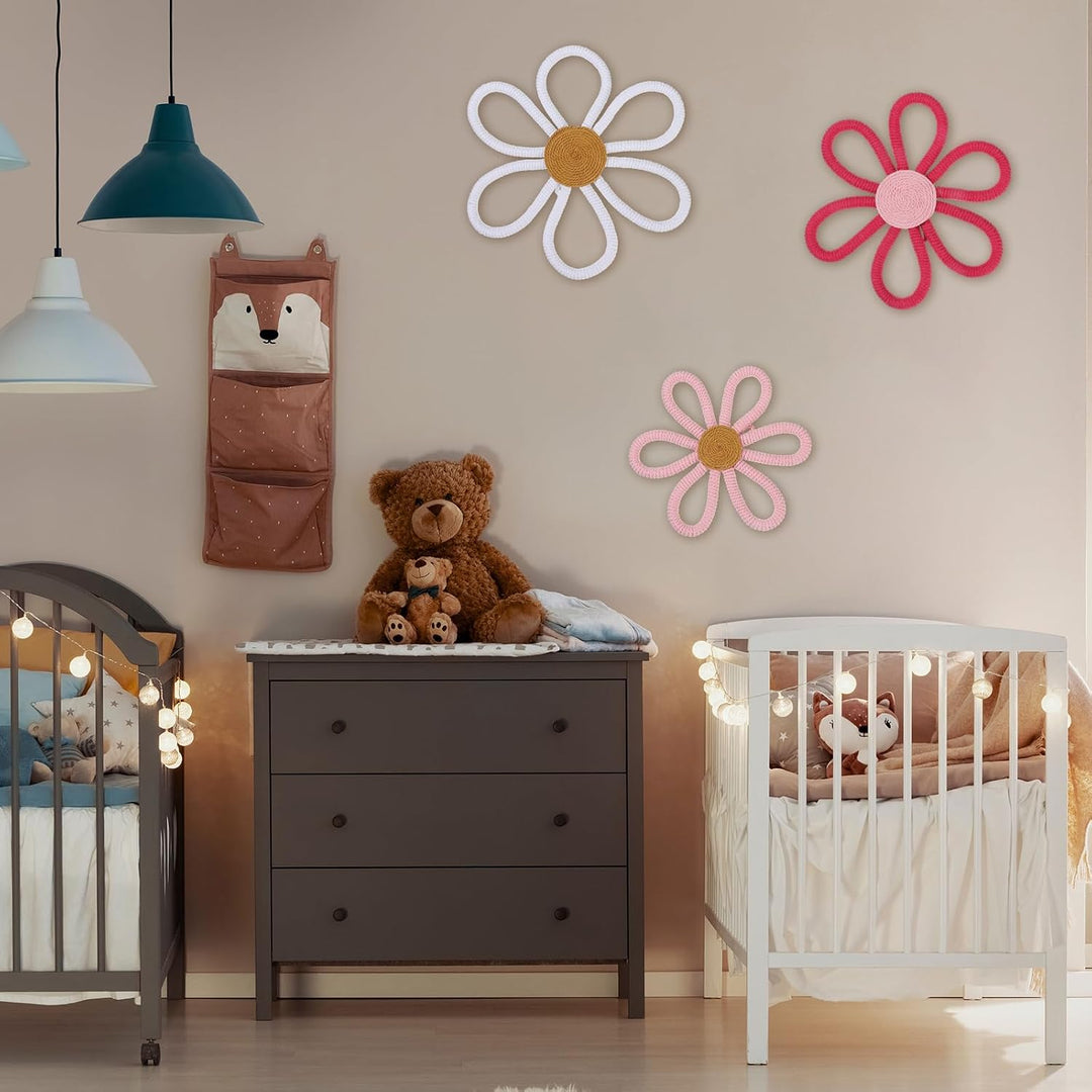 Barydat 6 Stück Boho-Kinderzimmer-Dekoration, Gänseblümchen, gewebter Makramee-Wandbehang, 3 Grössen