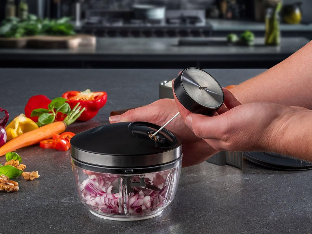 GEFU Multizerkleinerer ZIZO 450 ml | manueller Küchenzerkleinerer mit Seilzug & Edelstahlklingen | O