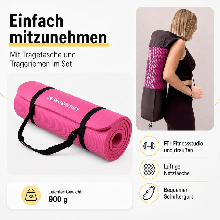 WOZINSKY Fitness Yogamatte Fitnessmatte Turnmatte Gymnastikmatte 181 cm X 63 cm X 1 cm SCHWARZ (ROSA