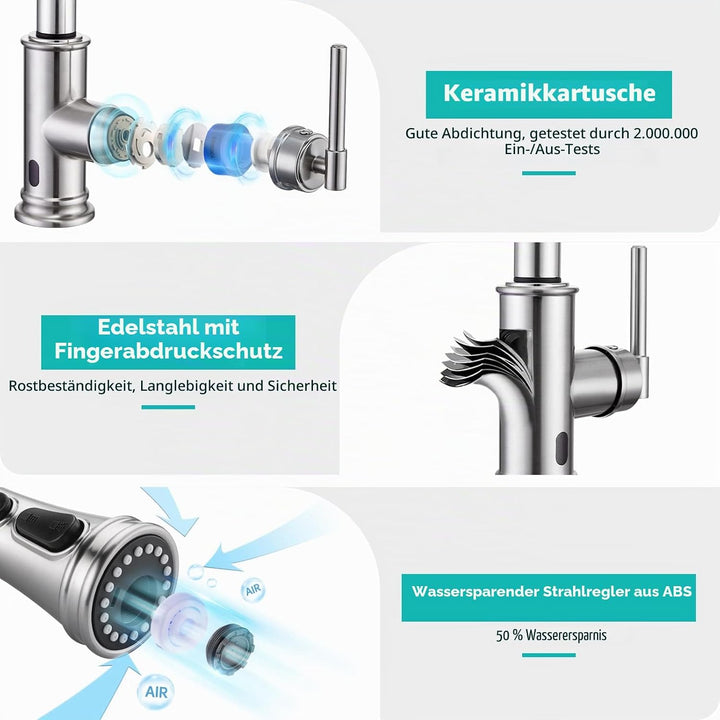 Wasserhahn Küche Touchless Sensor, Hochdruck Küchenarmatur mit Brause Ausziehbar Armatur Smart, Misc